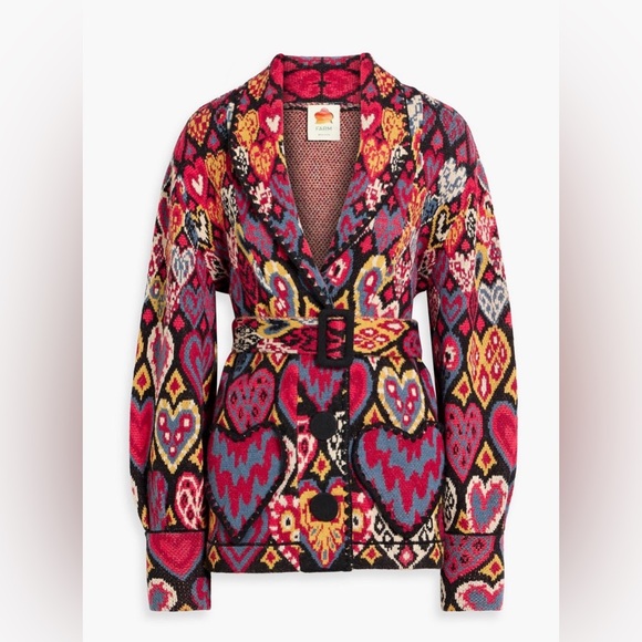 FARM Rio Sweaters - 🦄 Farm Rio Heart Jacquard Belted Cardigan Jacket XL Statement Boho Knit